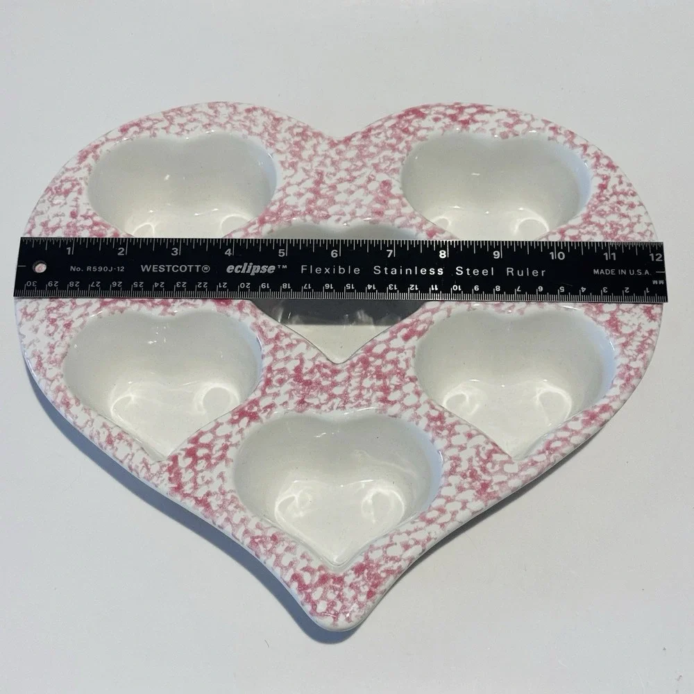 Vintage Red & White Sponge Ware Stoneware Heart Tray 6 Well‎ Heart Mold